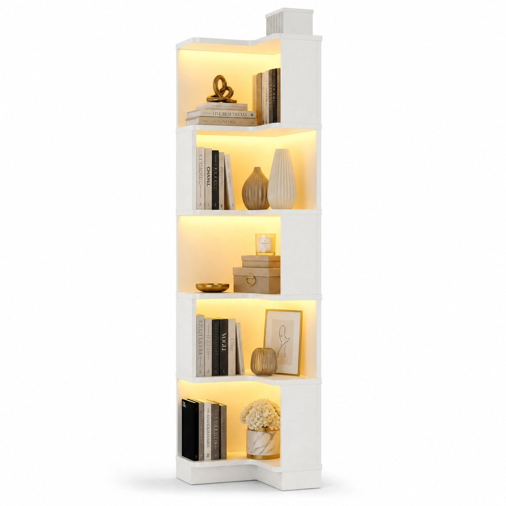 Libreria angolare a L in MDF con LED controllati da app, bianca