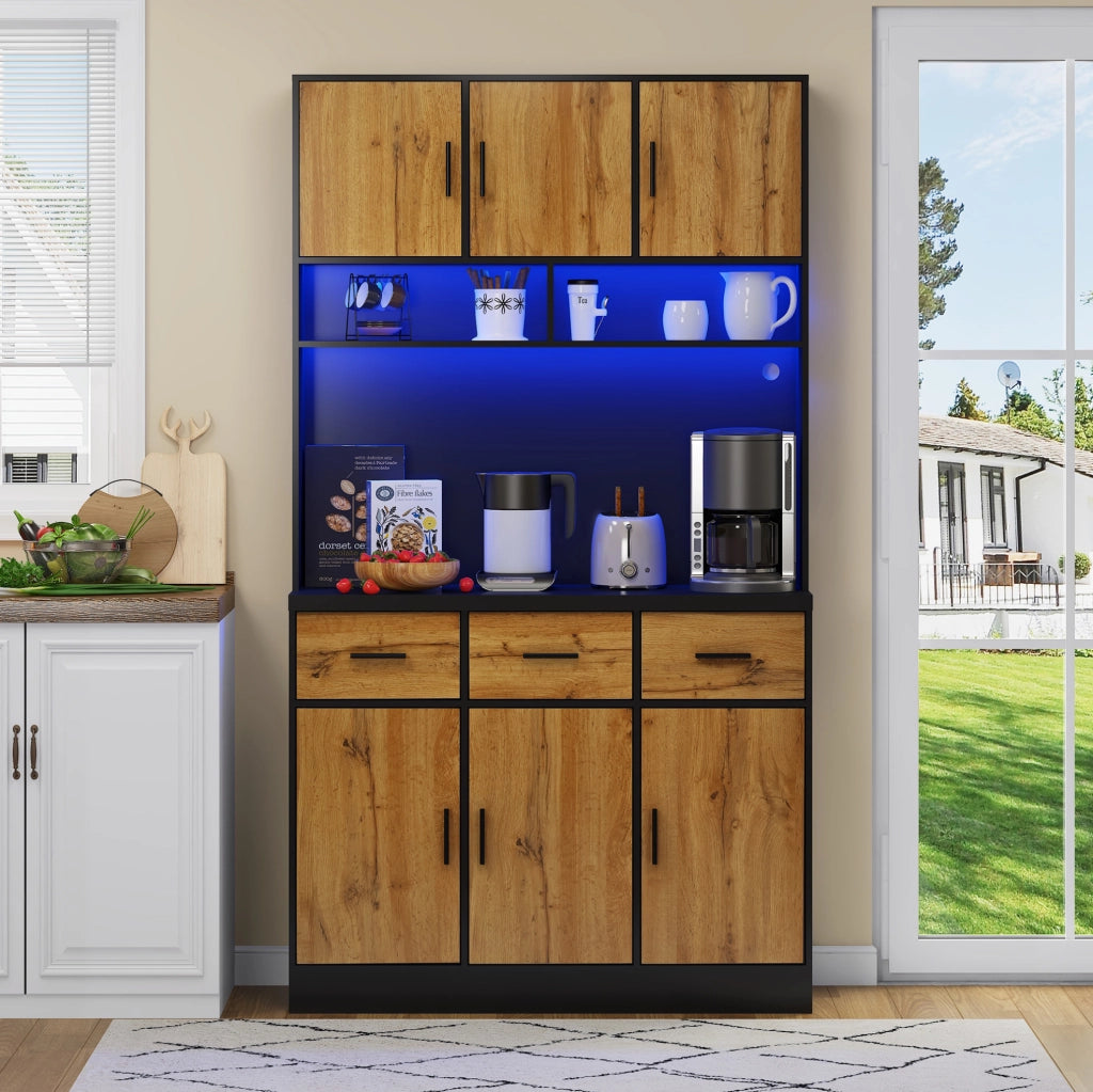 Credenza cucina moderna 100 x 40 x 180 cm in PB e MDF; nera e naturale; con LED e prese USB