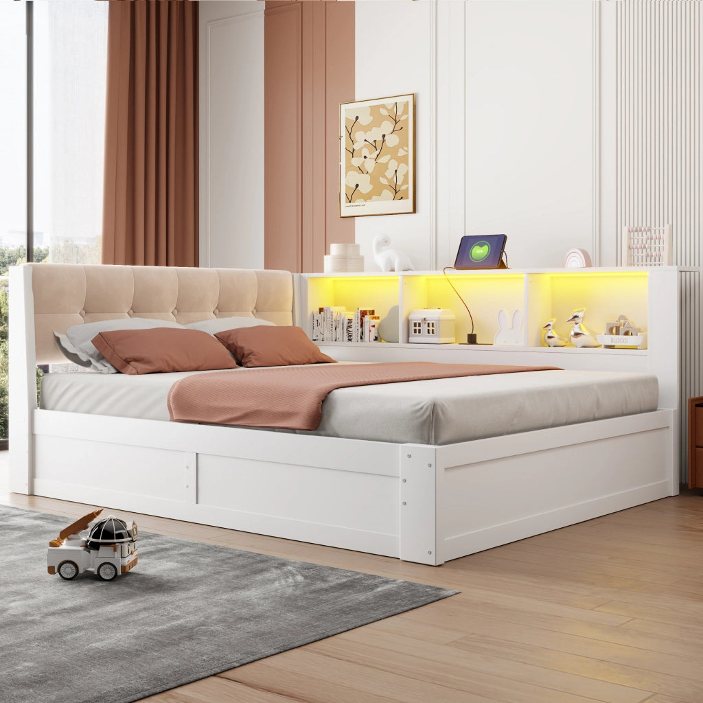 Letto contenitore bianco 140x200 cm con LED dimmerabile; USB e scaffale laterale