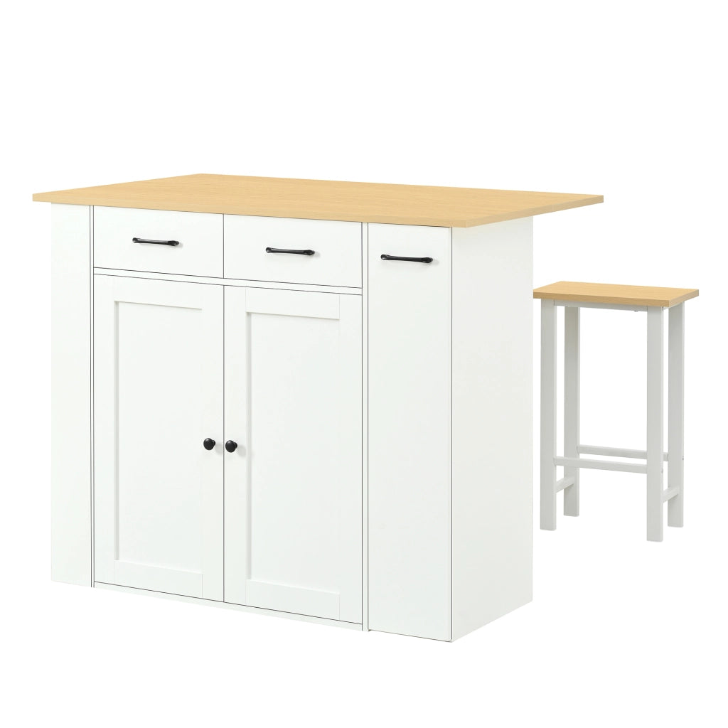 Isola Cucina con Tavolo Estensibile 120×45-75 cm; 2 Sgabelli; Ripiani Regolabili; Cassetti e Prese AC/USB Bianco