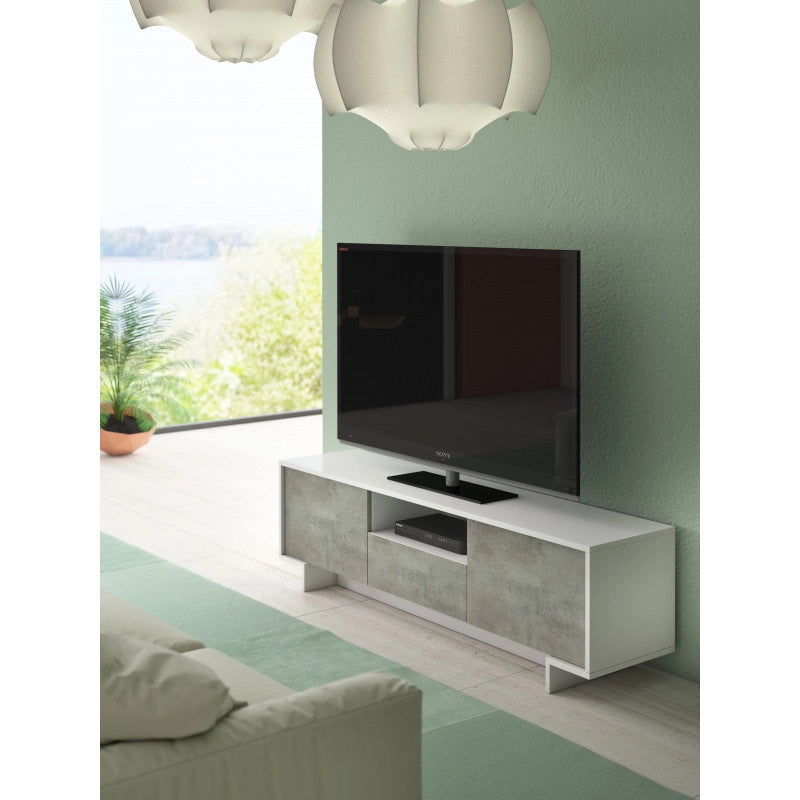 Mobile porta TV Frame 2 ante con cassetto centrale push to open bianco e cemento 170x42x48 cm - Terraneo