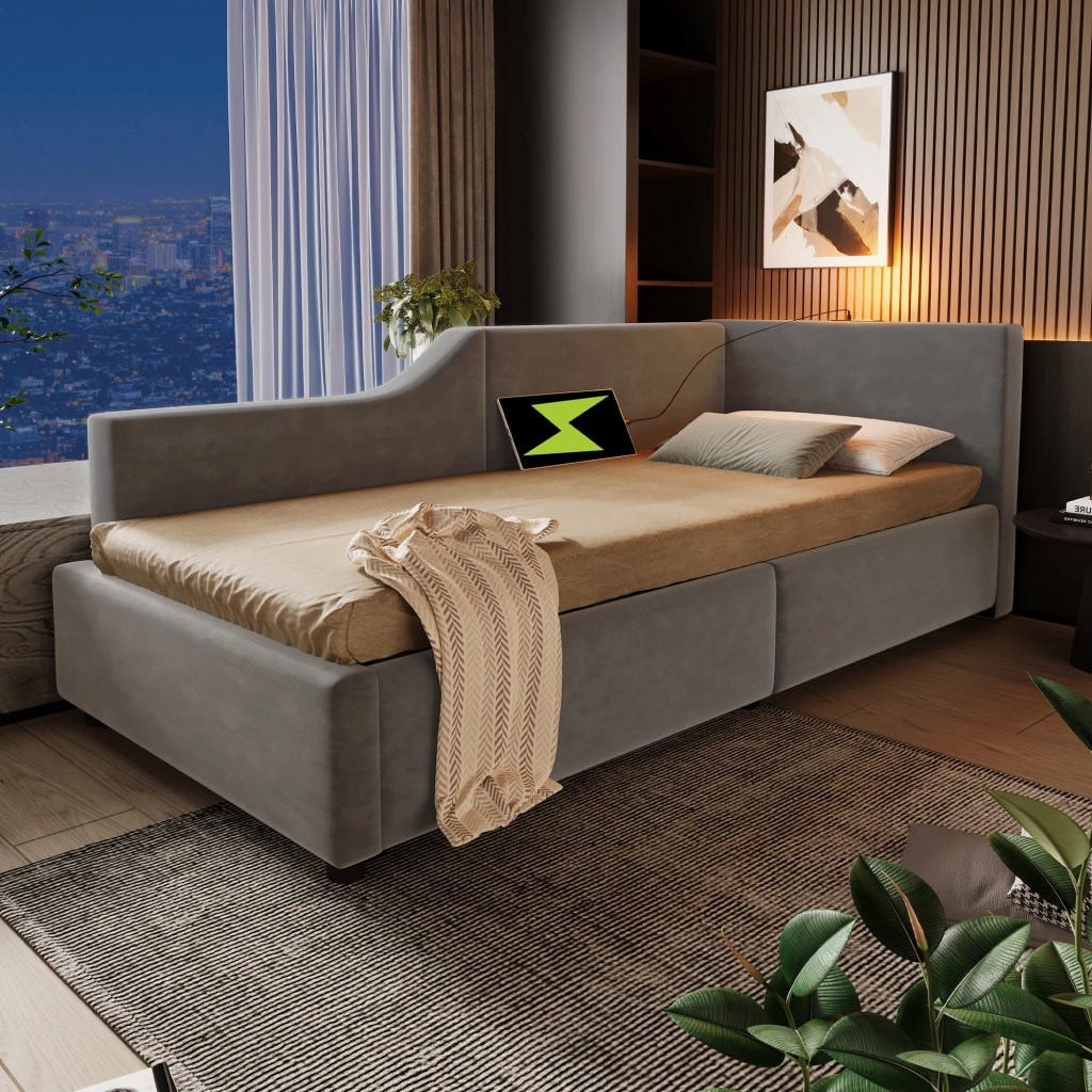 LETTO Tagesbett 90x190 cm in velluto grigio con lampada da lettura e USB-C