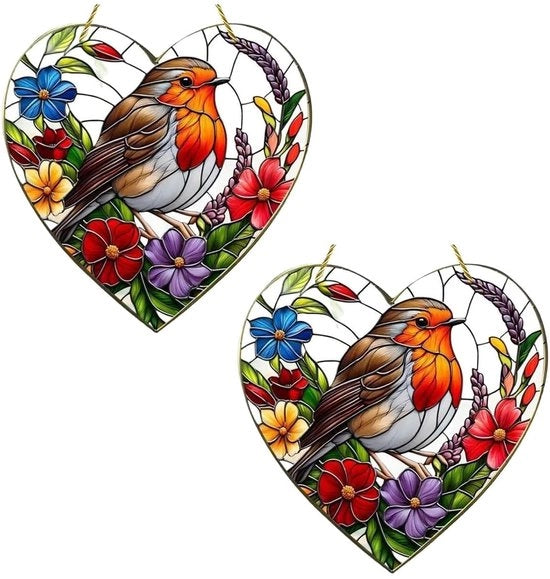 Decorazione per finestre in forma di cuore con petto rosso - 2 pezzi - Ornamenti in acrilico - Effetto vetro in caso di rottura - Decorazione naturale - Duraturo e resistente all'elemento - Decorazione per finestre