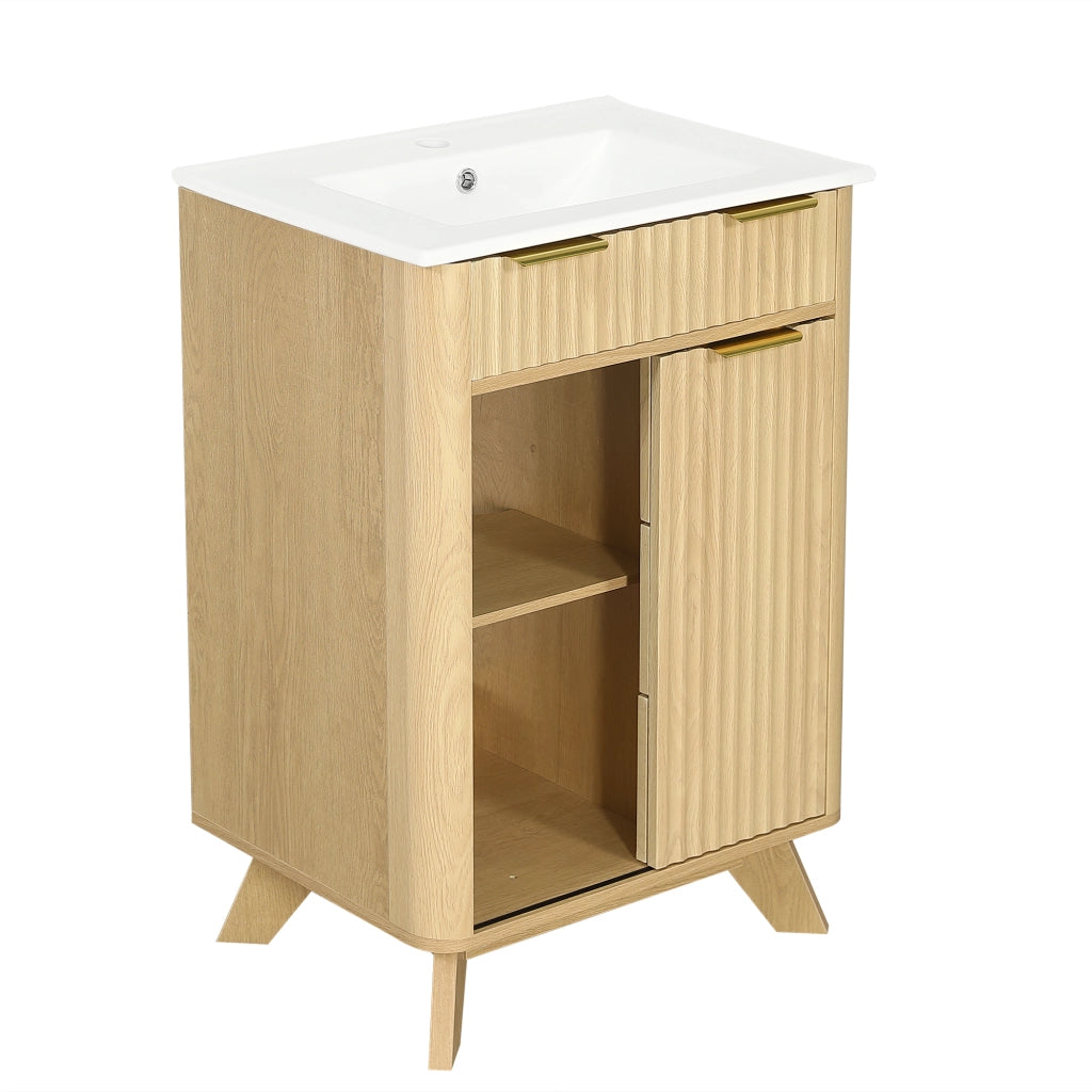Mobile sottolavabo con 3 cassetti e anta scorrevole - per bagno - in MDF e ceramica - 61x47x90 cm - legno naturale