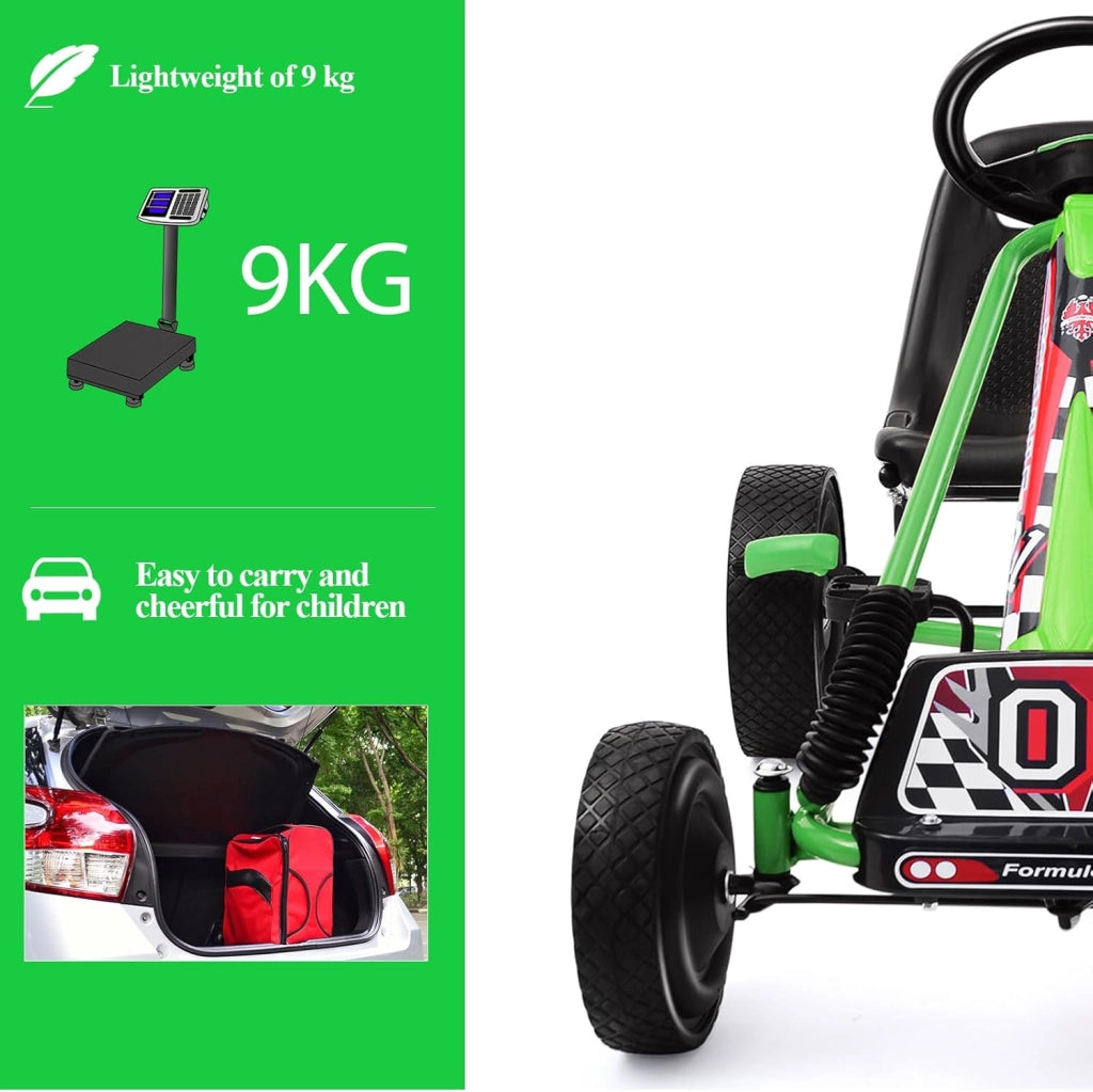 Go Kart a Pedali per Bambini, Macchina per Bambini con Sedili Regolabili in 2 Posizioni e 4 Ruote Antisdrucciolo, Carico 30 kg, per 3 Anni + (Verde, 101 X 61 X 62 CM)