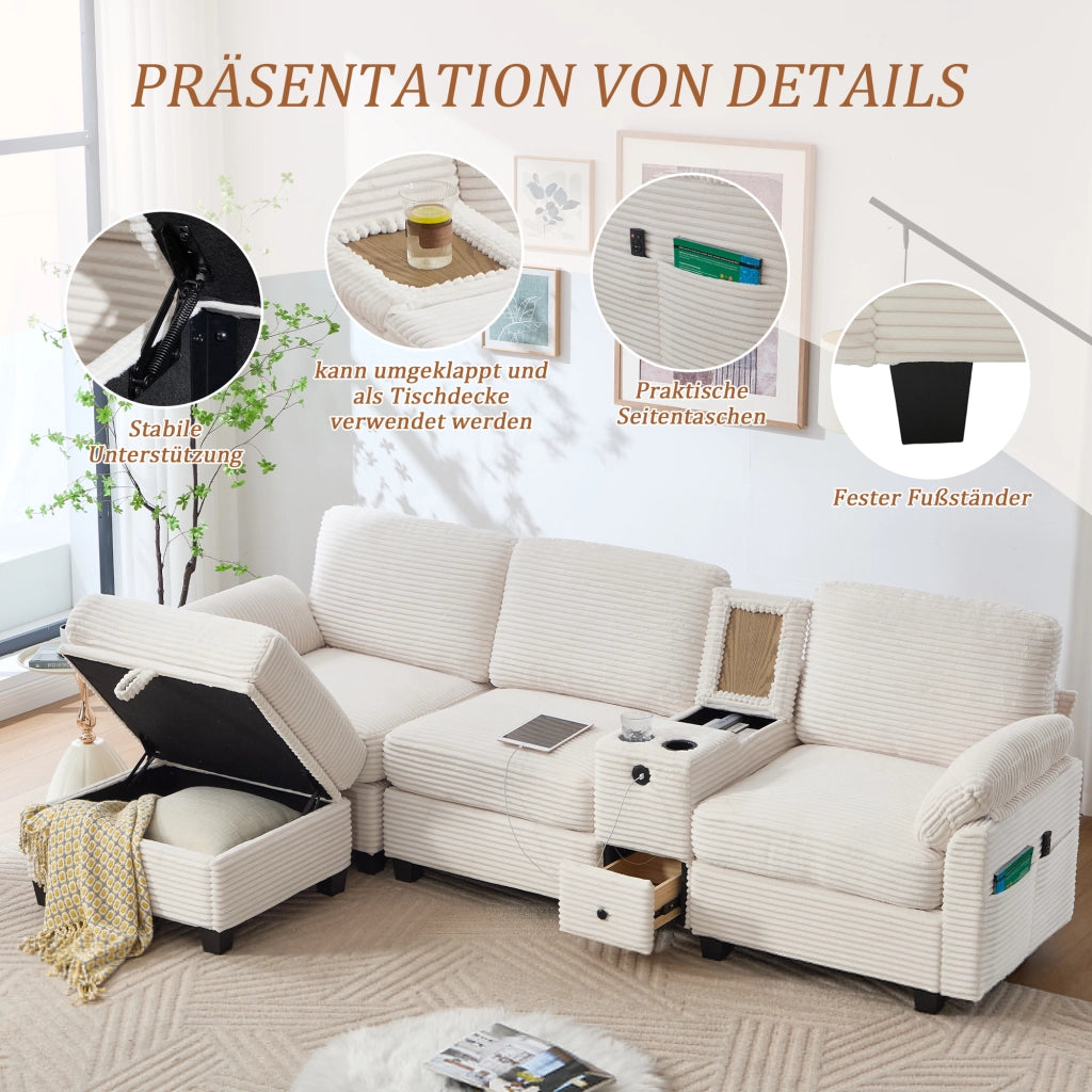 Divano Dritto con Console Scorrevole, USB-C, Tasche Laterali e Pouf Contenitore, in Velluto a Coste Beige
