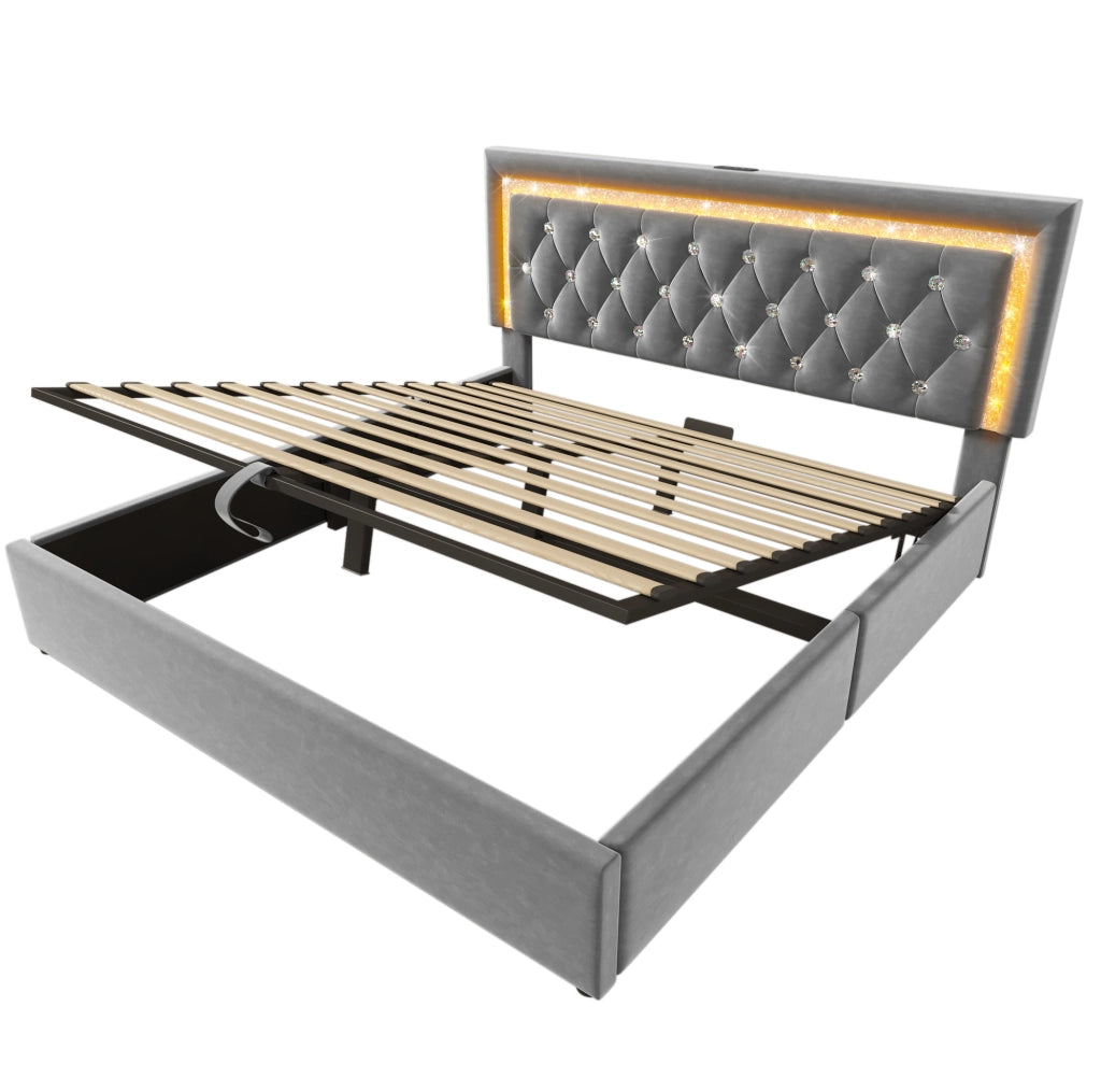 Letto matrimoniale imbottito con contenitore; LED; USB e Type-C; 140x200 cm; grigio