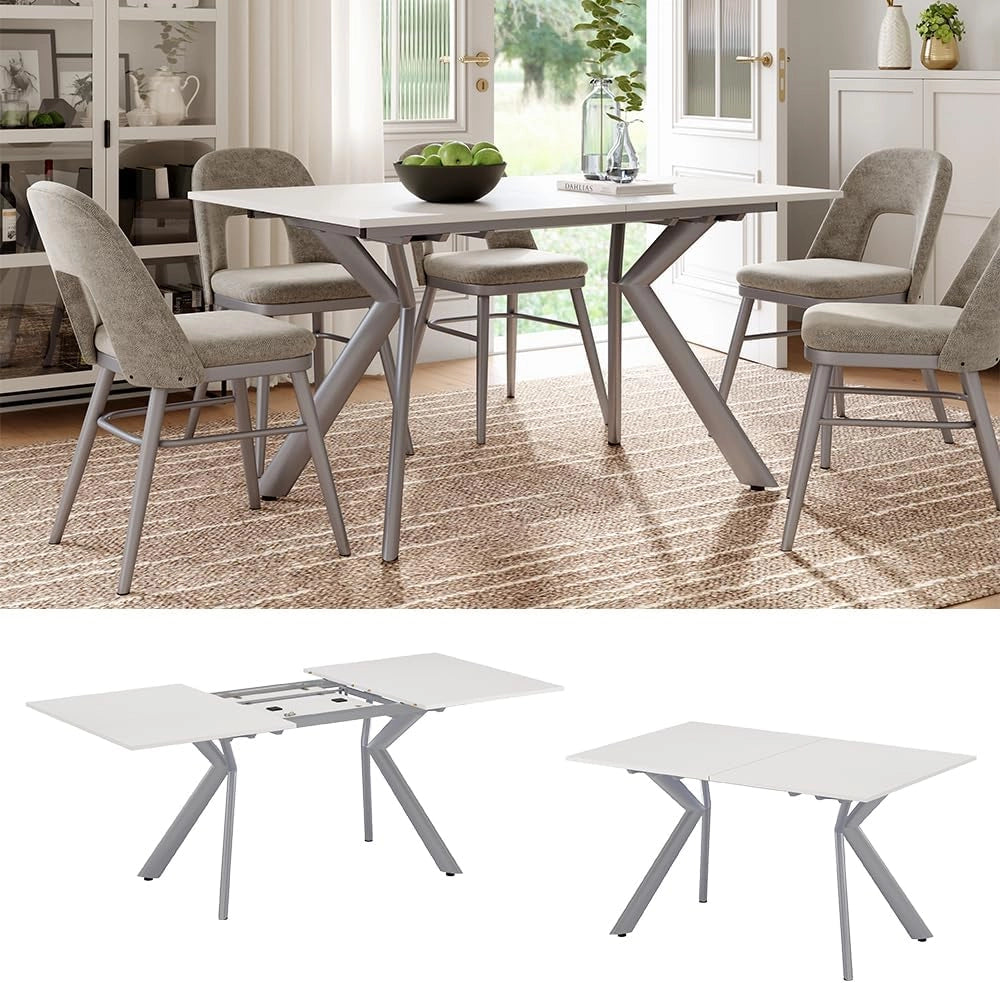 Tavolo da pranzo Trill, Bianco/Grigio, 140 x 90 cm Estensibile, con estrazione sincronizzata per lunghezze del tavolo variabili