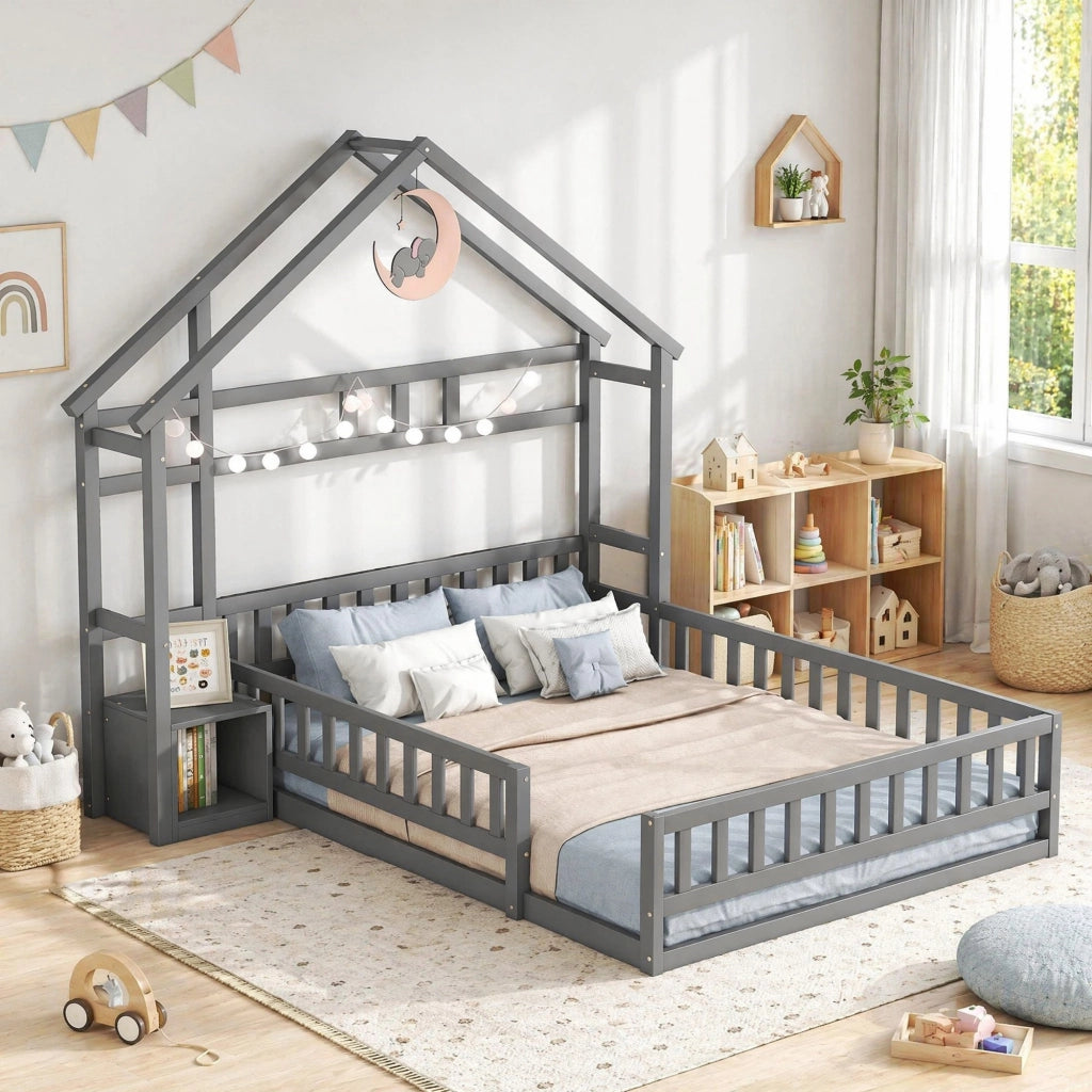Letto per bambini a casetta con sponda e comodino 140x200 cm; grigio