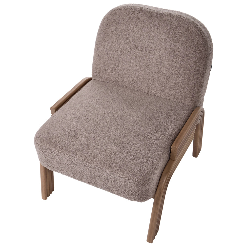 Poltrona color taupe in bouclé, poltrona decorativa senza braccioli in stile scandinavo, poltrona da salotto ribassata