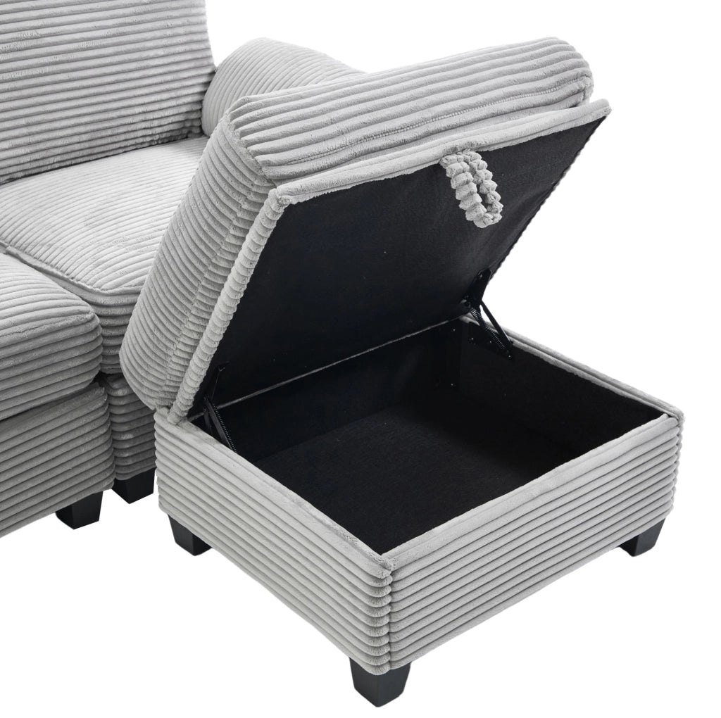 Divano grande in velluto a coste con console scorrevole; USB-C e pouf contenitore; grigio chiaro