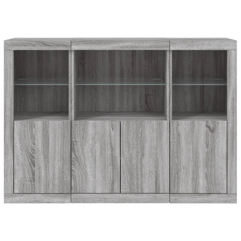 Credenze con Luci LED 3 pz | Madia | Buffet da pranzo | Armadio da pranzo Grigio Sonoma in Legno Multistrato