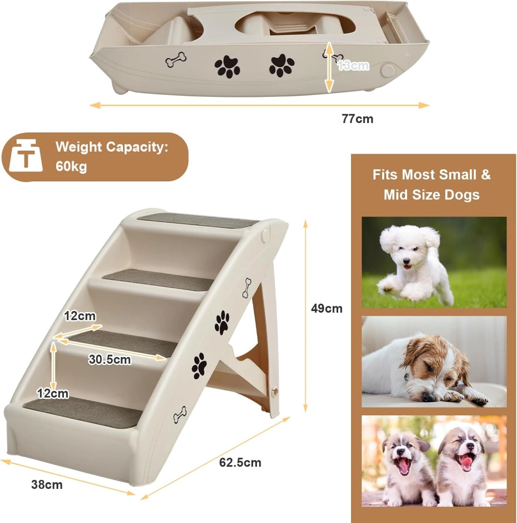 Scala per cani e gatti pieghevole, con tappetino in feltro, carico fino a 60 kg, rampa antiscivolo per cani e gatti per letto, auto, divano (beige, 65 x 55 x 50 cm, 4)