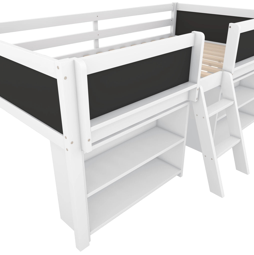 Letto a soppalco basso ULEVR 90x200 cm con ripiani, lavagna, barriera di sicurezza e scala, bianco