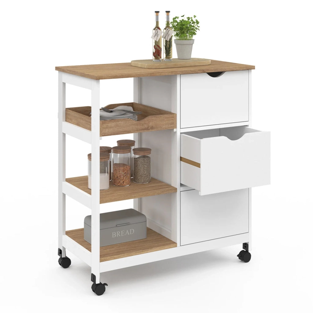 IDMarket - Credenza MUNA 3 cestini + 1 vassoio estraibile effetto bianco e faggio L.76 cm