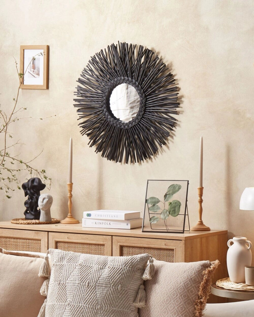 Specchio da parete con cornice in rattan Nero ø 60 cm a treccia a raggiera da appendere alla decorazione del soggiorno