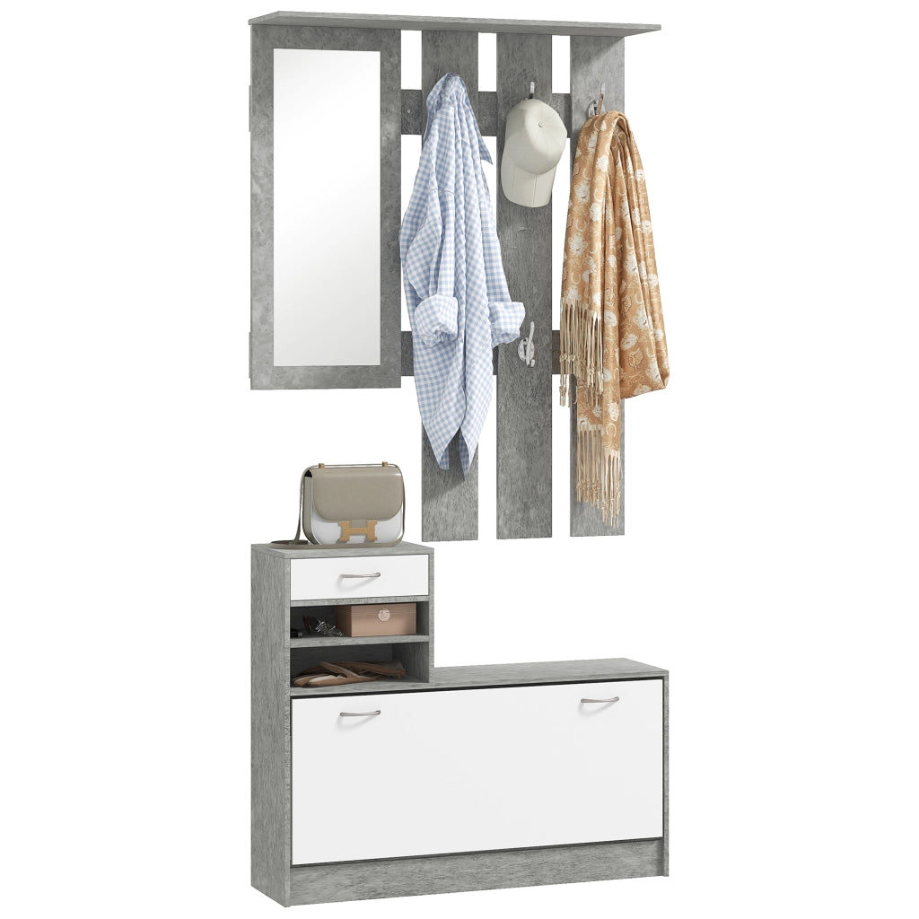 Set Mobile da Ingresso con Appendiabiti a 6 Ganci, Mobile Scarpiera con Cassetto e Specchio, Grigio