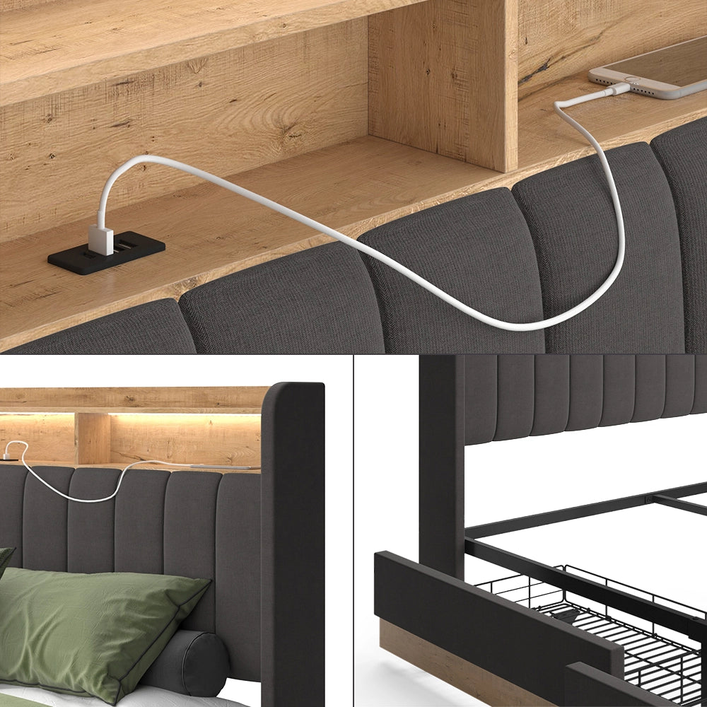 Vitalispa Letto imbottito Antracite 160x200 cm con 4 cassetti