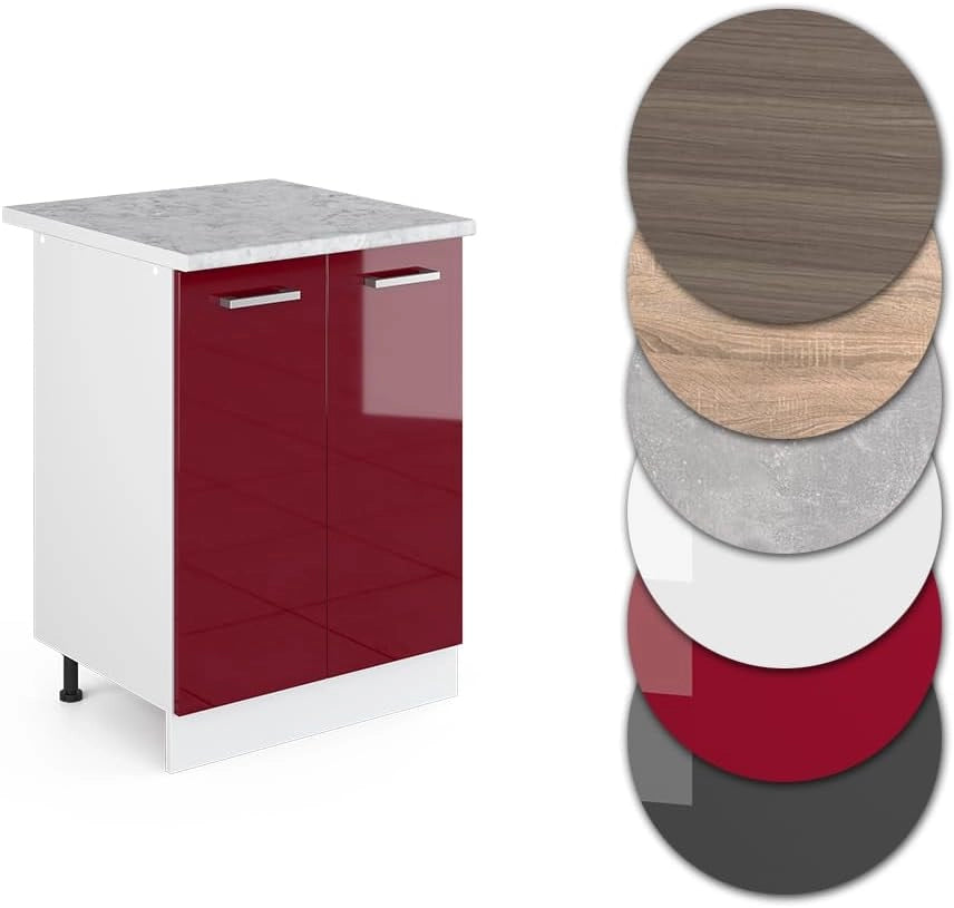 Base universale R-Line, Rosso bordeaux lucido, 60 cm con ante, con piano di lavoro, per la conservazione di utensili domestici e prodotti per la pulizia