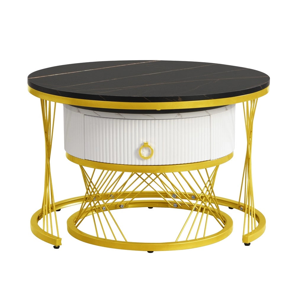Tavolino da Caff¨¨ Set 2 pezzi ¨C Xylo ¨C Effetto Marmo, Decoro Oro, Cassetti