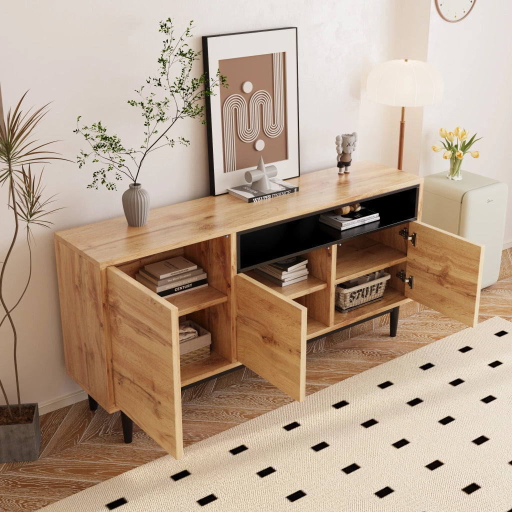 Credenza con 3 Ante e Ripiani Regolabili; Stile Moderno; in MDF; Nero e Legno; 160??35??76 cm