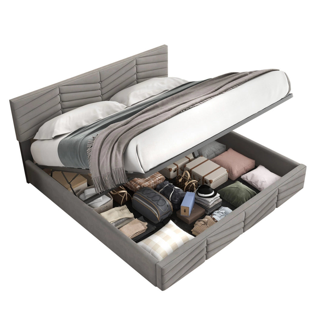 Letto matrimoniale 160x200 cm in velluto grigio con contenitore e testiera regolabile