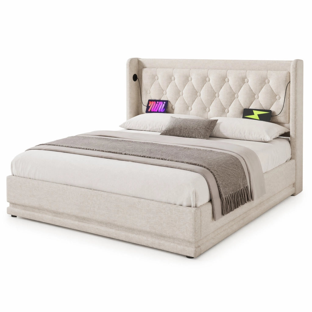 Letto matrimoniale 180x200 cm con contenitore; testiera trapuntata beige in cotone; USB e LED