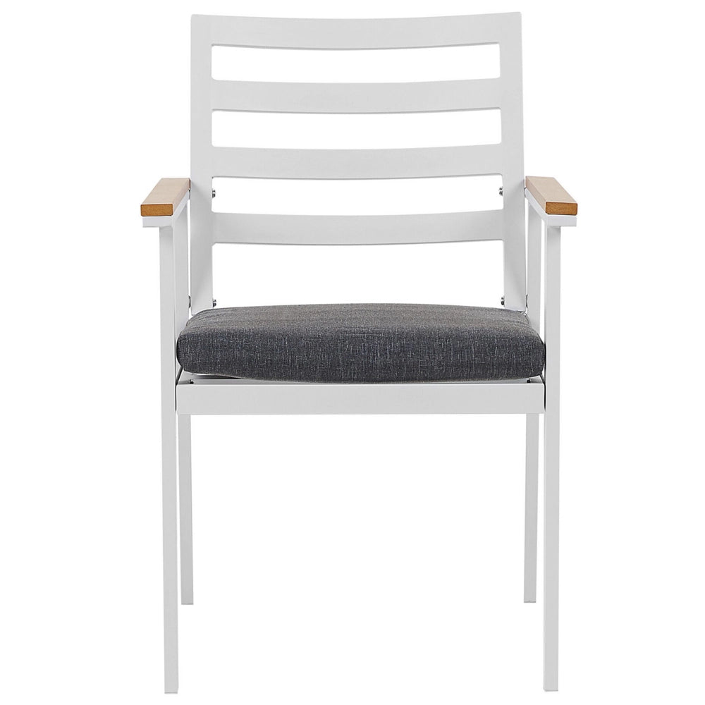Set da pranzo all'aperto tavolo rotondo a 4 posti in alluminio bianco sedie a doghe da 105 cm con imbottiture grigie