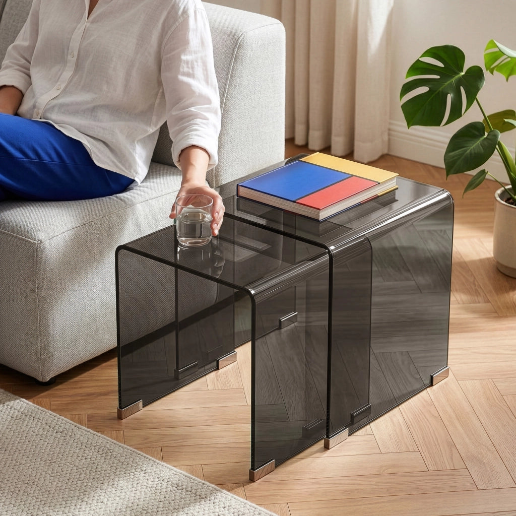 Set Kariengem di 2 Tavolini Sovrapponibili in Vetro - Grigio Scuro [en.casa]