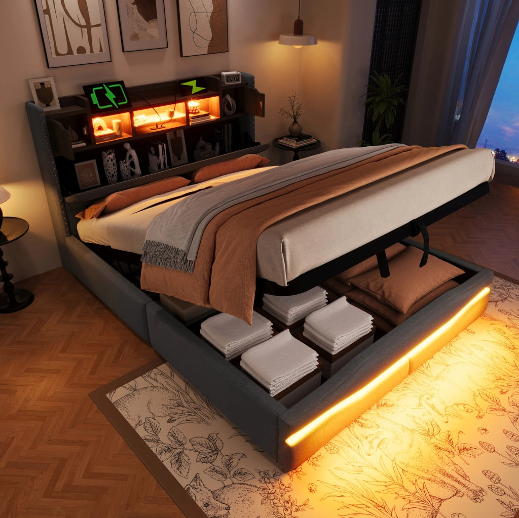 Letto imbottito 140x200 cm con contenitore idraulico, LED e prese USB/Type-C