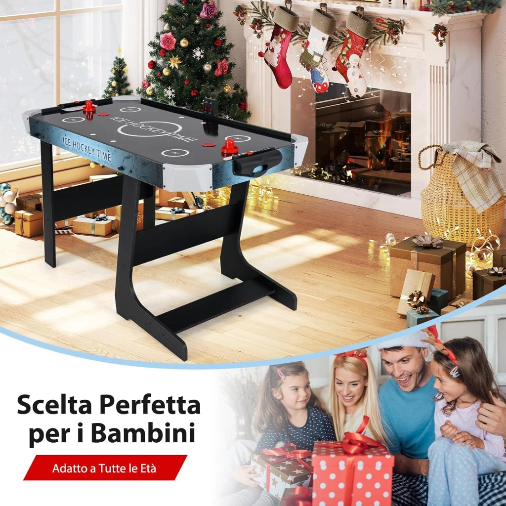 Tavolo da Air Hockey, Hockey da Tavolo Pieghevole con Potente Motore 12V e Tabellone Digitale a LED, 2 Spingitori e 2 Dischi, per Casa Sala Giochi e Ufficio, 144 x 68 x 79 cm