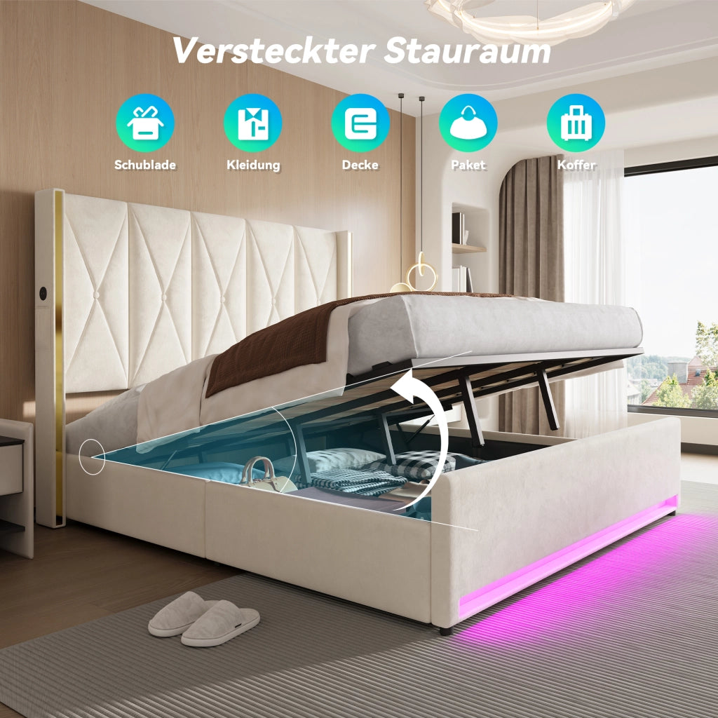 LETTO imbottito 180x200 cm in velluto beige con USB, LED e contenitore
