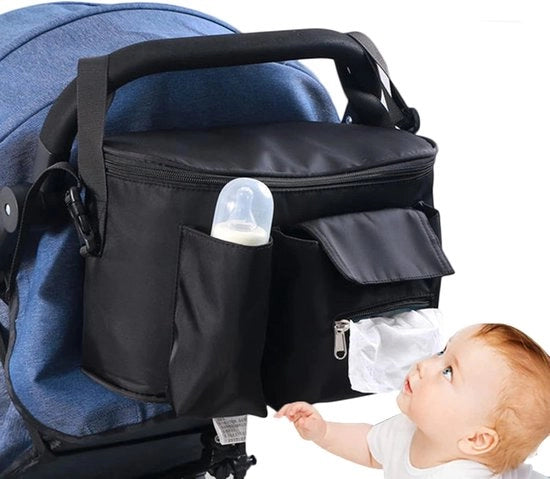 Organizzatore di passeggino - Buggy tas - Borsa per mamma - Accessorio di passeggino - Passeggiotras - Multipiattaforma - Crossbody - Ideale per passeggini: Spazio di stoccaggio per pannolino, bottiglie e salviette - Nero