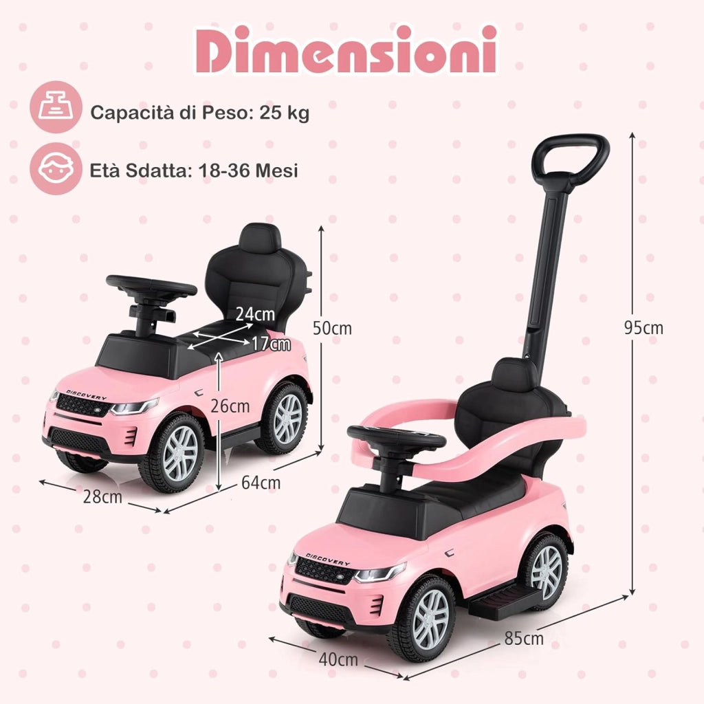 3 in 1 Auto a Spinta, Macchinina a Pedale con Manico Removibile e Paracolpi, Clacson e Suodo di Avvio, Macchina Cavalcabile per Bambini 18-36 Mesi (Rosa)
