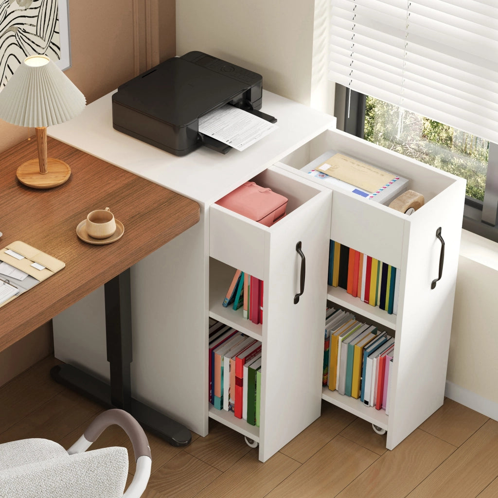 Libreria mobile con 1 cassetto e 2 ripiani, reversibile, con ruote, per soggiorno e bagno, bianco, 52 × 50 × 75 cm