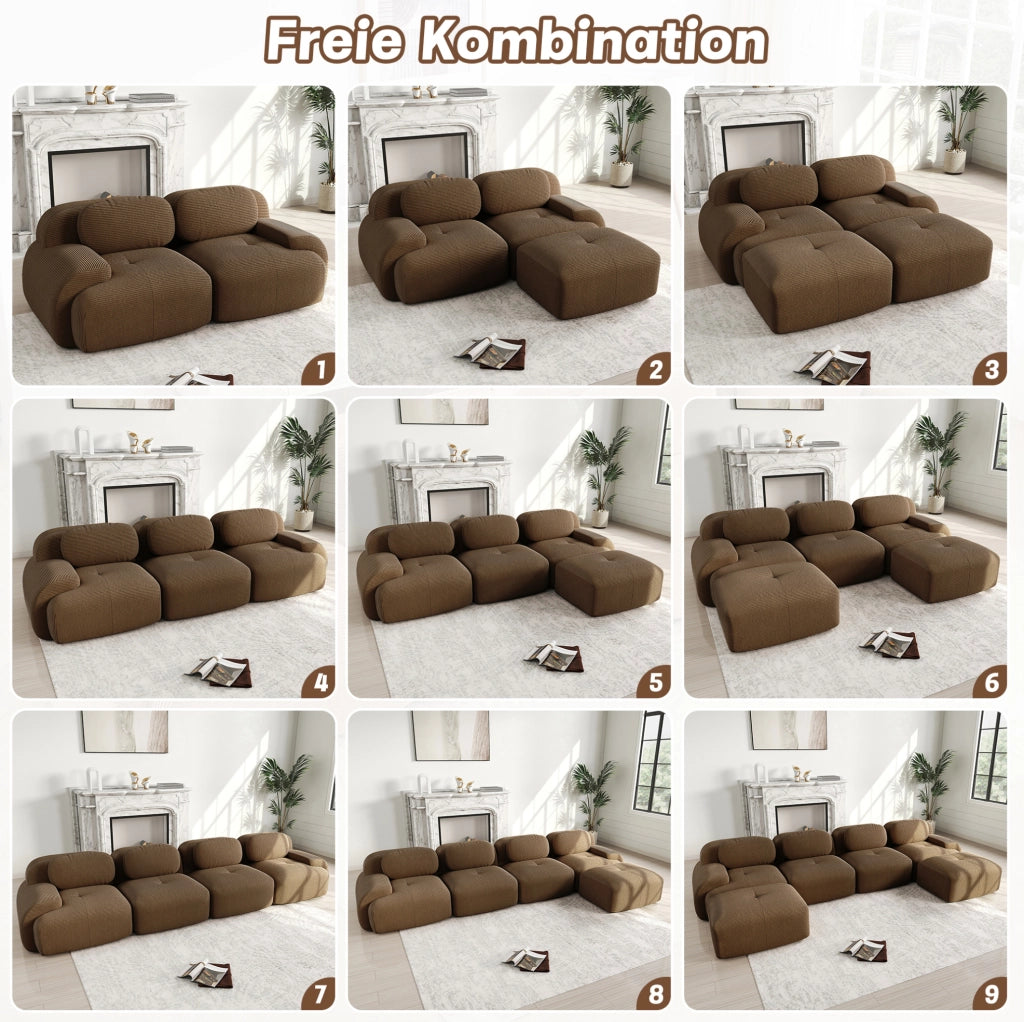 Divano angolare modulare 4 posti con chaise longue in velluto a coste marrone; senza montaggio
