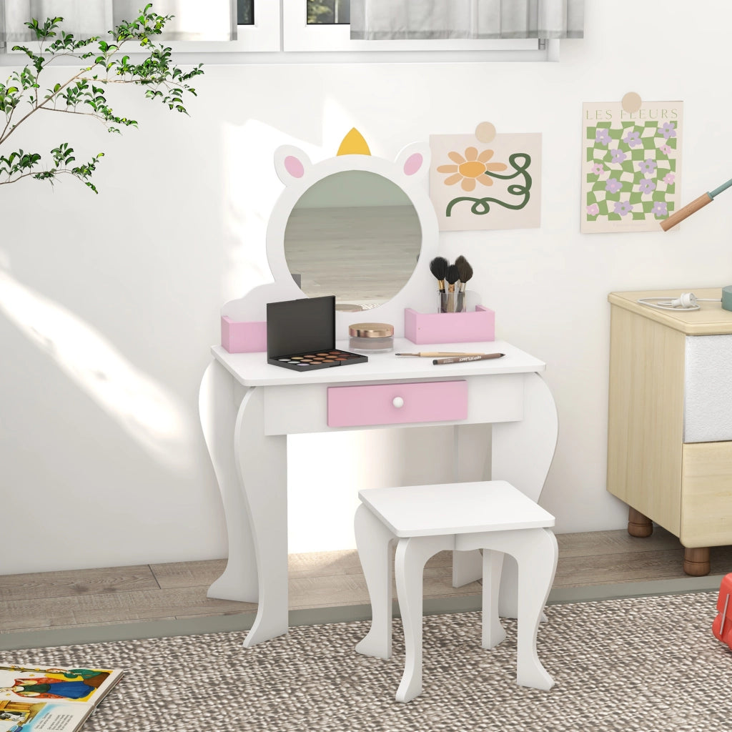 Tocador per bambini con specchio e sgabello ¨C zephmum ¨C design unicorno bianco