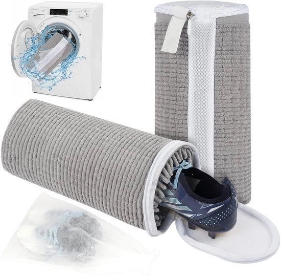 Due waszakken in tessuto donkergrijs, riutilizzabili, adatti per lavatrice e asciugatrice, ideali per scarpe da ginnastica, calze, reggiseni.