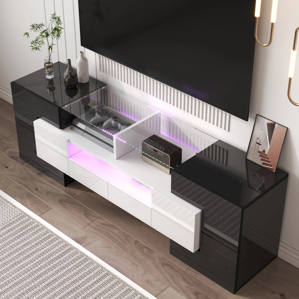 Mobile TV con LED multicolore 145 cm bianco lucido