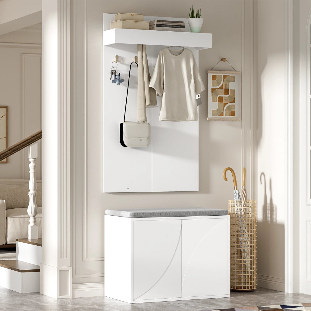 Set guardaroba 3 in 1 con scarpiera a 2 ante, panca e 4 ganci bianco