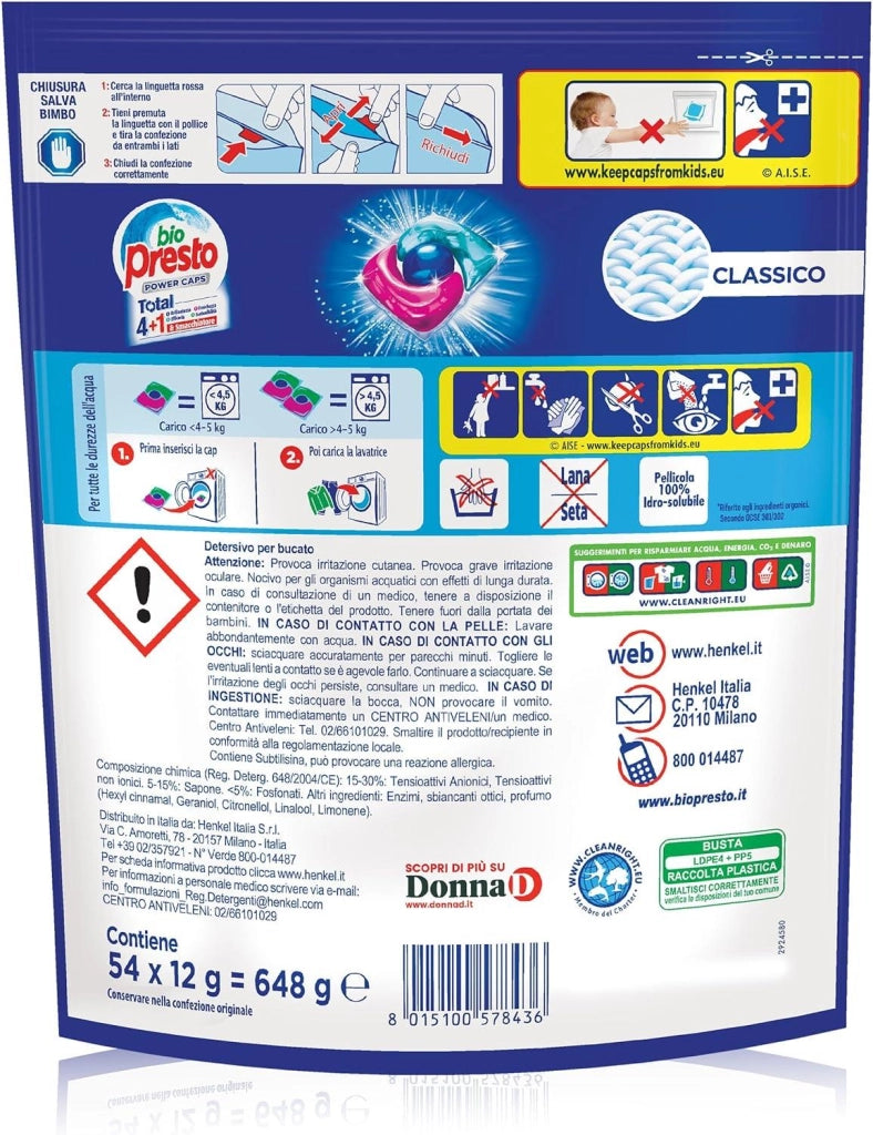 BIO PRESTO POWER CAPS CLASSICO DETERSIVO LAVATRICE PREDOSATO IN CAPSULE CONFEZIONE DA 54 LAVAGGI