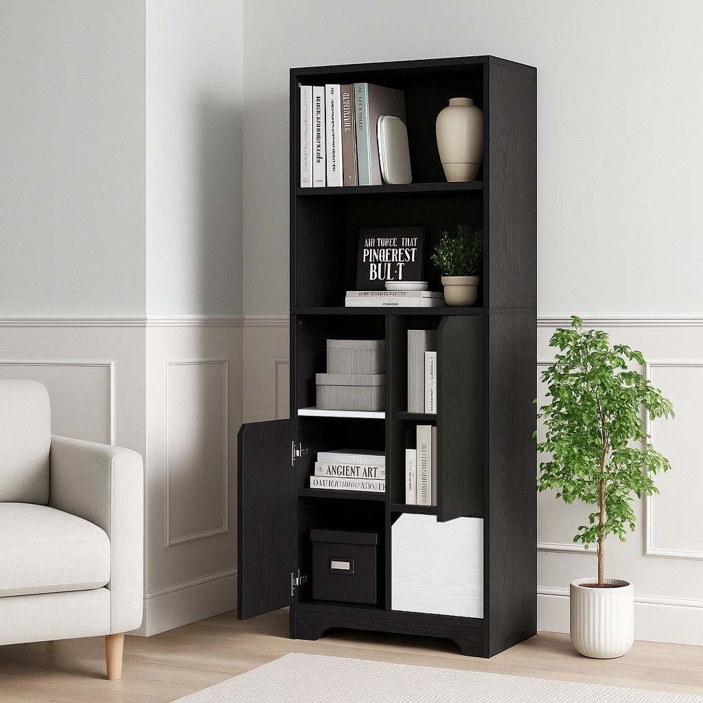 Libreria con 2 Ripiani Aperti; 1 Anta e 2 Cassetti; Stile Moderno; in Pannelli di Particelle; Nero; 60×35×160 cm