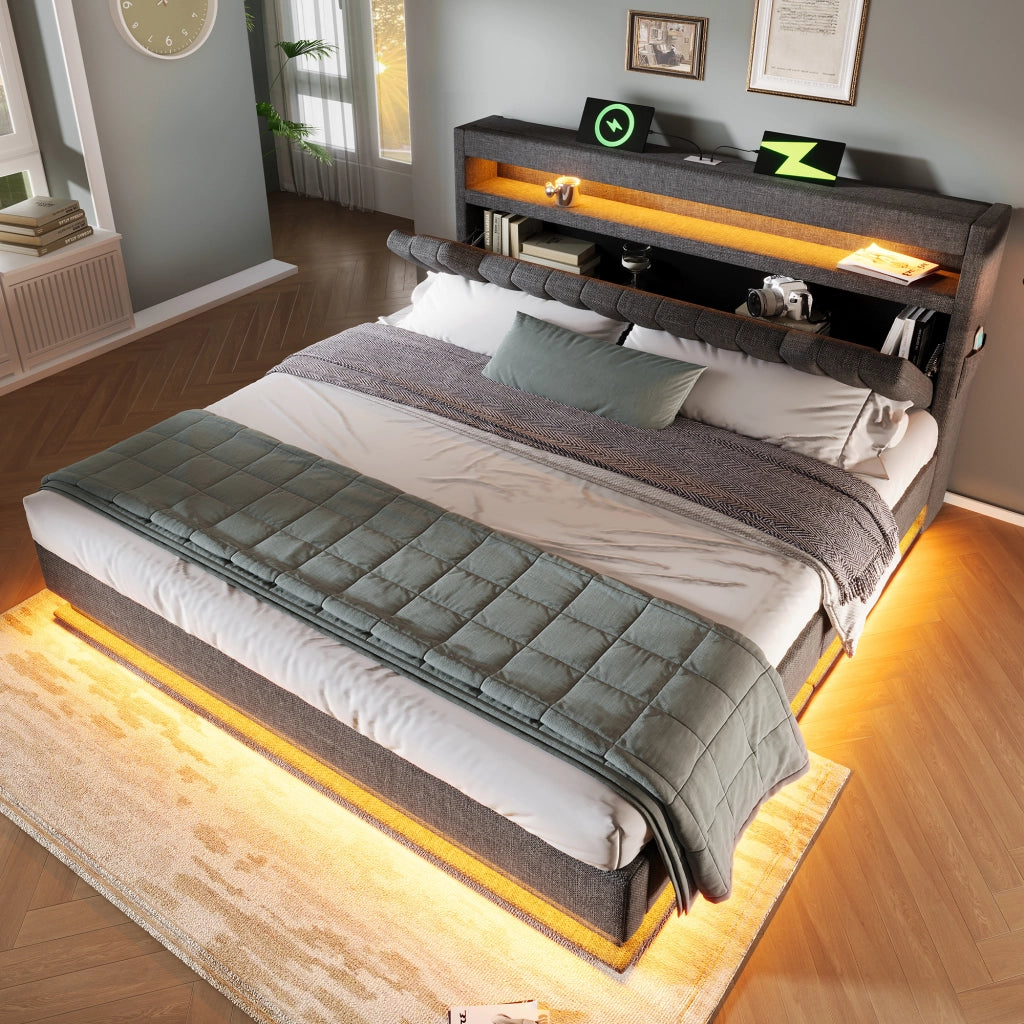 Letti contenitori 140x200 cm con LED e ricarica USB Type-C; lino grigio (Senza materasso)