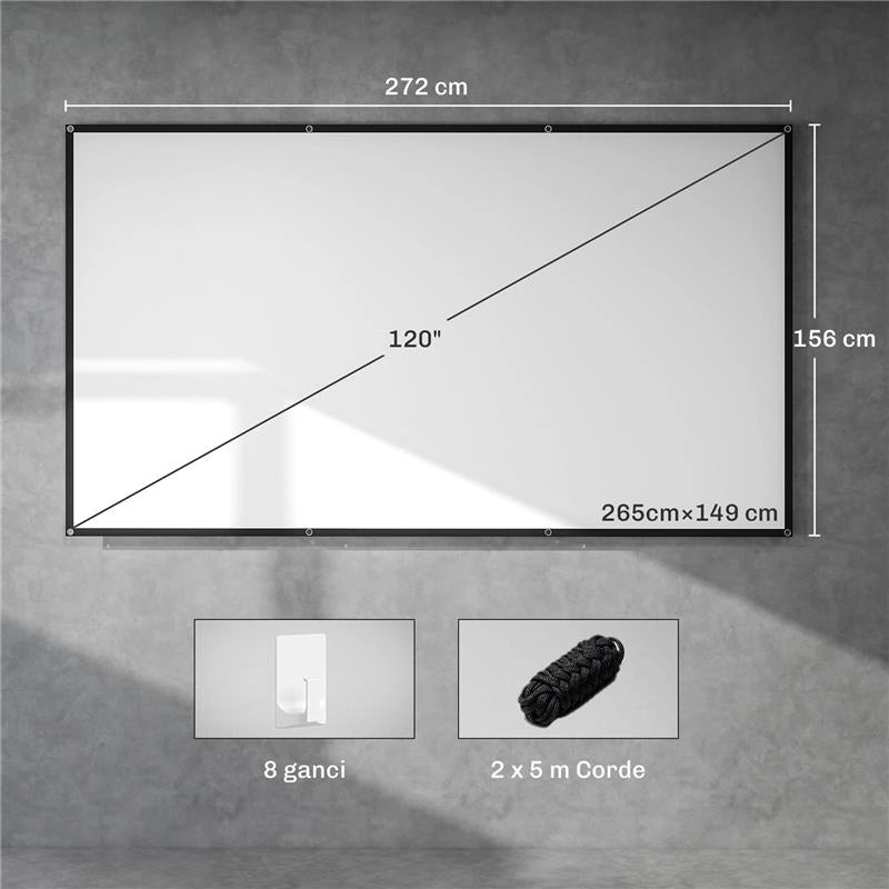 TELO PER PROIETTORE 120" 16:9 HD 4K/8K PIEGHEVOLE E PORTATILE, ANTIPIEGA E LAVABILE, DOPPIA FACCIATA, BIANCO