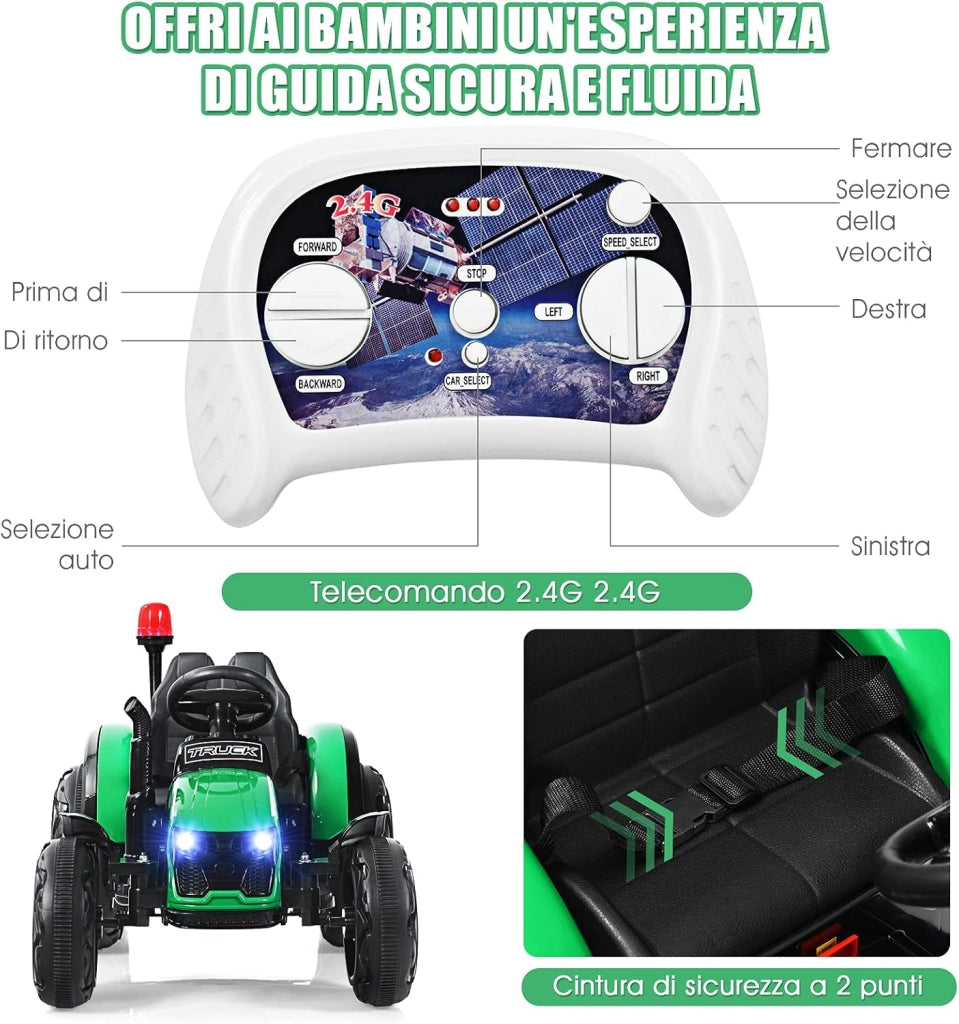 Trattore Elettrico per Bambini con Rimorchio, 2 in 1 Go Kart e Trattore per Bambini 3-8 Anni, con Telecomando e Cintura di Sicurezza a 2 Punti (Verde)