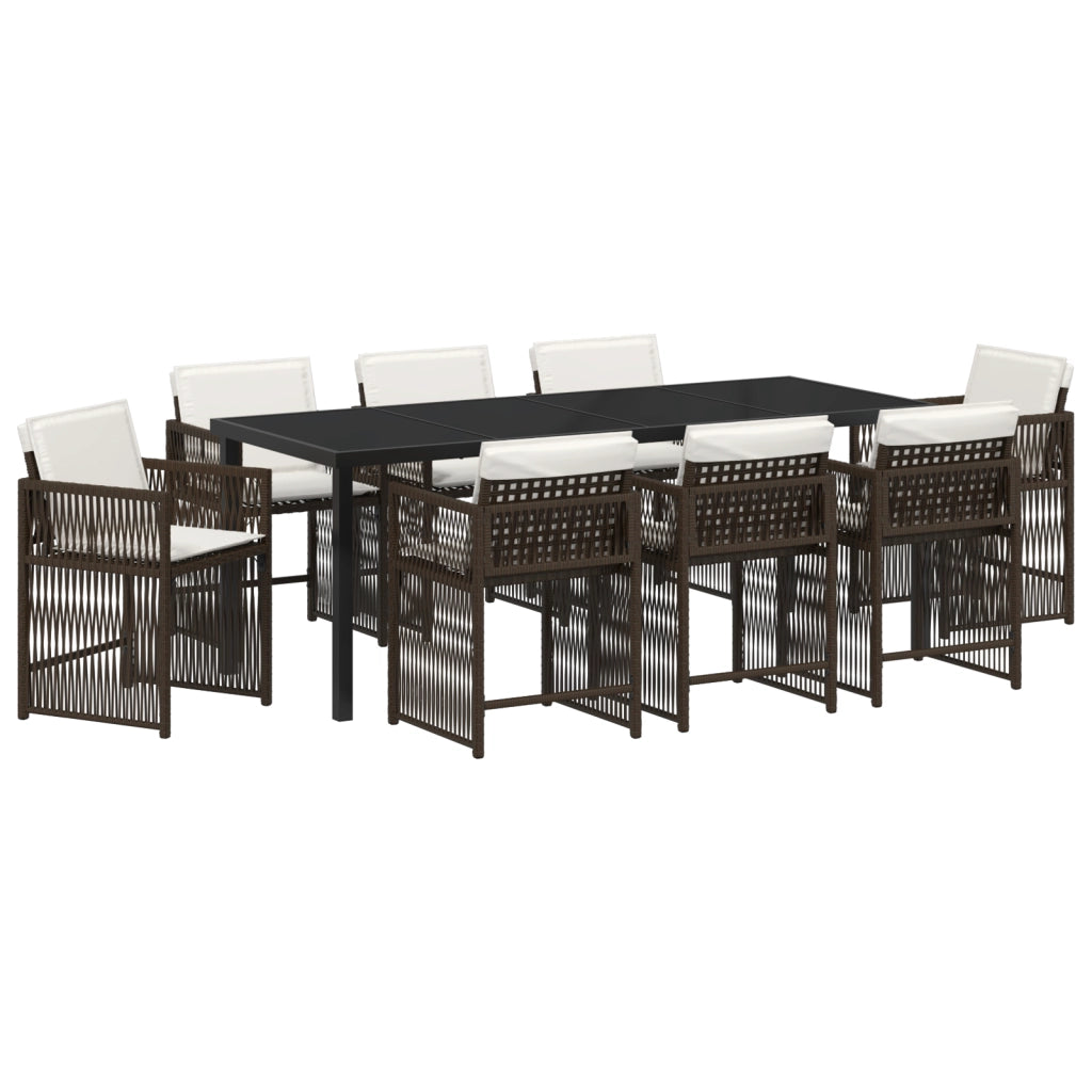 Set da Pranzo Giardino 9 Pezzi con Cuscini Rattan Polipropilene Marrone