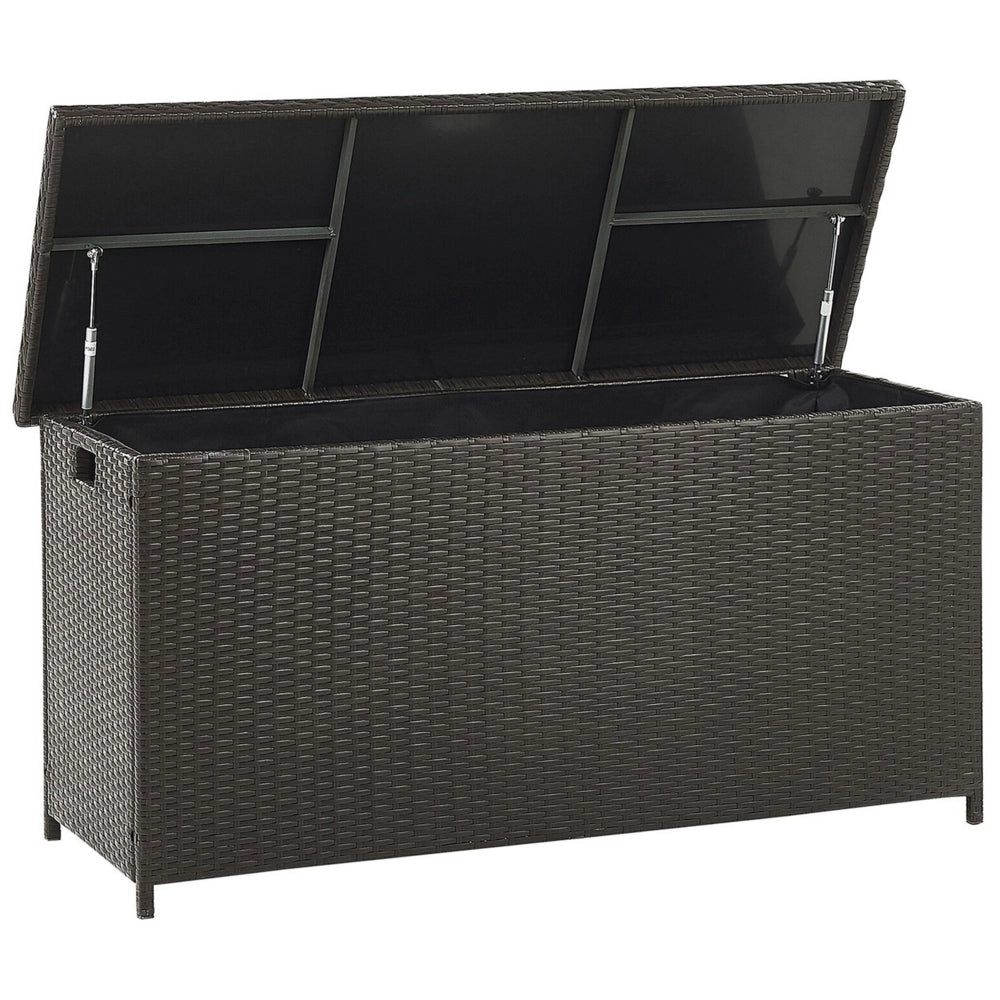 Cesta baule portaoggetti da esterno Marrone finto rattan Cuscino per esterni da giardino Cassapanca 126 x 46 cm