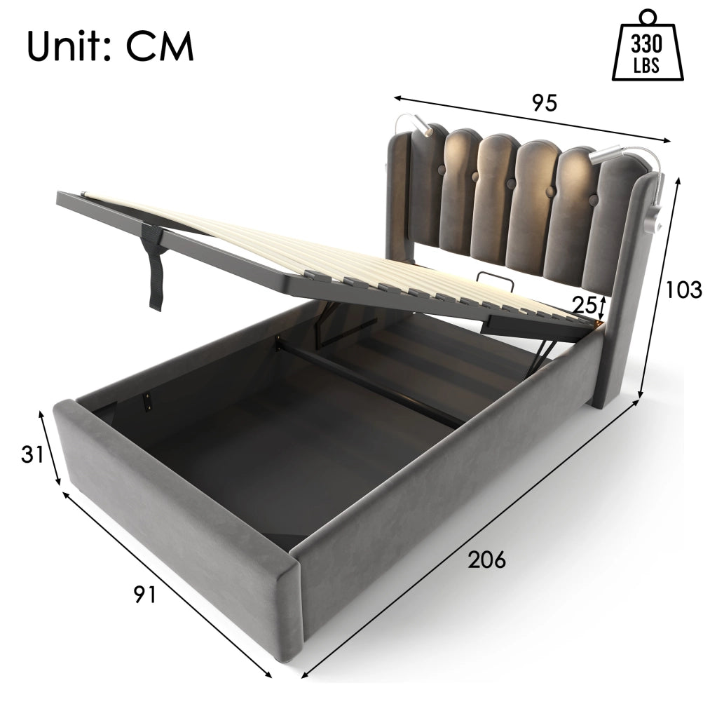 Letto singolo 90x200 cm con contenitore; luce da lettura e porta USB; velluto grigio