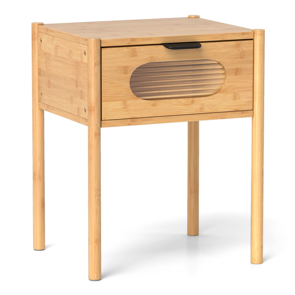 Comodino in bambù stile country con cassetto in vetro temperato design mid century-Tavolino da notte in bambù multifunzionale robusto