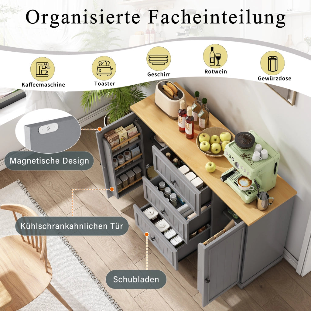 Credenza con 3 cassetti e 2 ante; ripiani regolabili - per cucina - in MDF - grigio